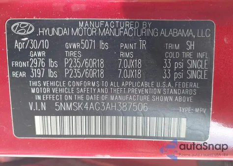 2010 Hyundai Santa Fe Limited V6 из США, поврежденный, VIN 5NMSK4AG3AH387506